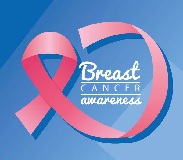 Schriftzug der Brustkrebs-Kampagne mit rosa Schleife auf blauem Hintergrund — Stockvektor