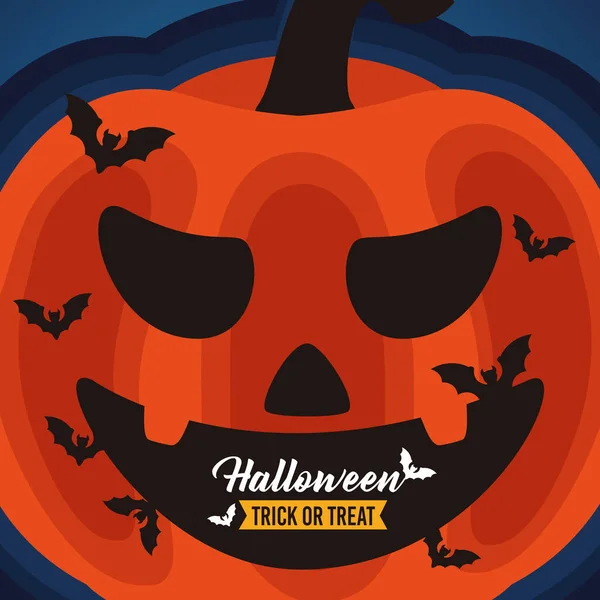 Feliz halloween celebración letras con calabaza y murciélagos volando — Vector de stock