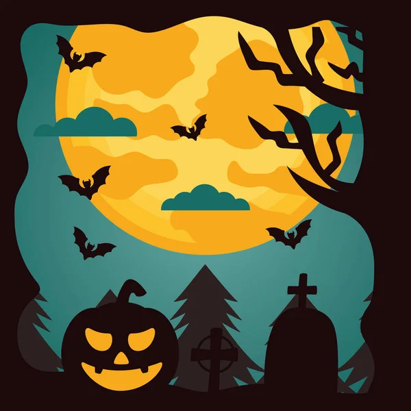 Feliz fiesta de halloween con calabaza en el cementerio — Vector de stock