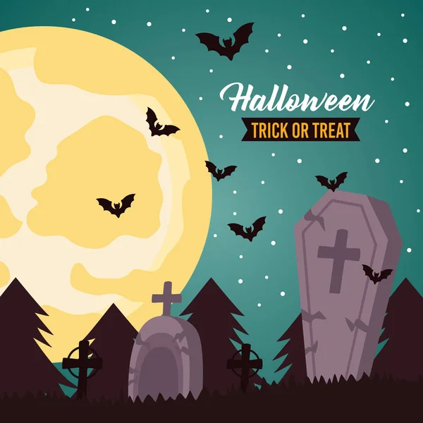 Feliz celebración de Halloween letras con luna llena y murciélagos en el cementerio — Vector de stock