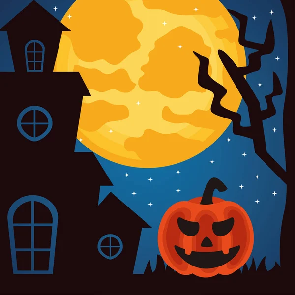 Felice festa di Halloween con castello infestato e zucca di notte — Vettoriale Stock