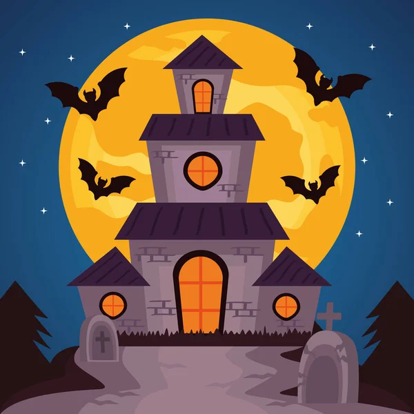 Feliz celebración de Halloween con castillo encantado y murciélagos volando — Vector de stock