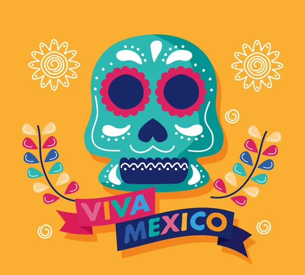 Viva mexico celebration day lettering with skull head and flowers — Stock Vector