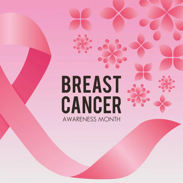 Kampania na rzecz raka piersi z różową wstążką i kwiatami — Wektor stockowy