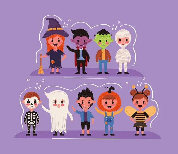 Grupp barn med halloween kostymer tecken — Stock vektor