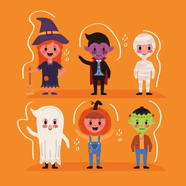 Bambini piccoli di gruppo con personaggi costumi di Halloween — Vettoriale Stock