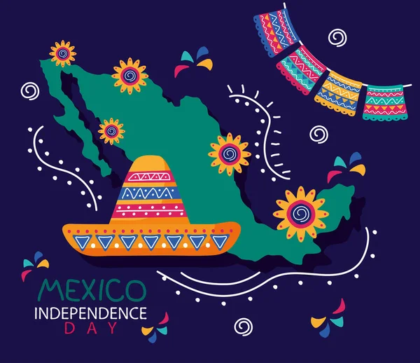 Letras celebración del día de la independencia de México con sombrero de mariachi y mapa — Vector de stock