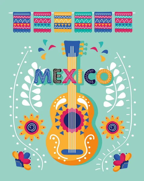 Fête mexicaine lettrage de jour avec instrument de guitare — Image vectorielle