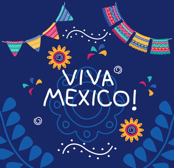 Viva mexico célébration jour lettrage avec des fleurs et des guirlandes — Image vectorielle