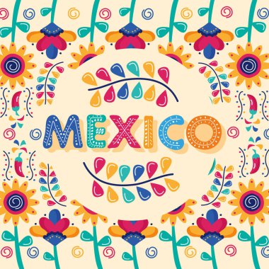 Meksika kutlama günü, çiçek desenli harflerle.