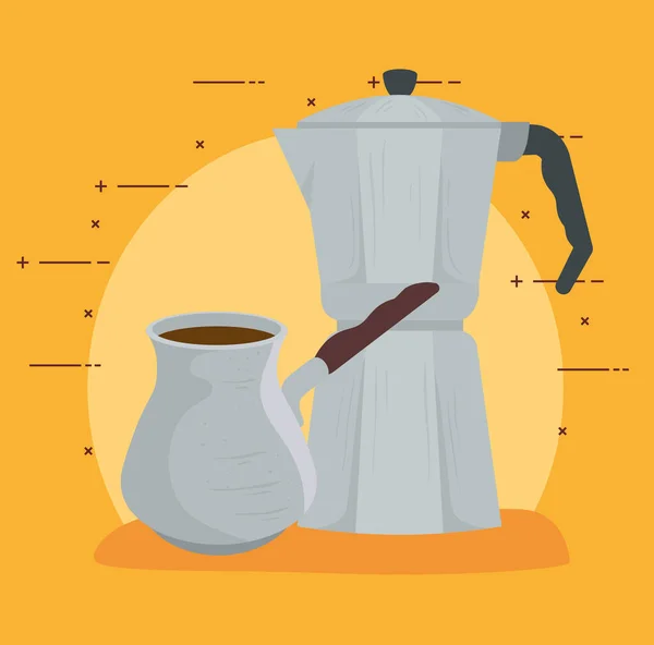 Metody vaření kávy, hrnce moka s tureckou kávou — Stockový vektor