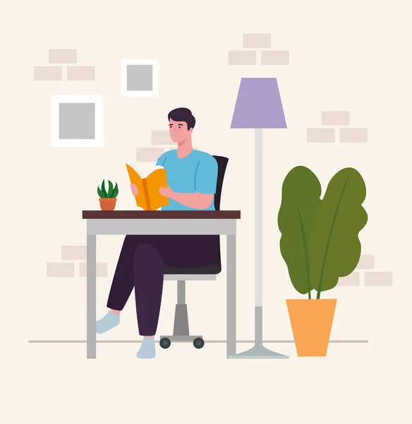 Mann am Schreibtisch liest Buch zu Hause Vektordesign — Stockvektor