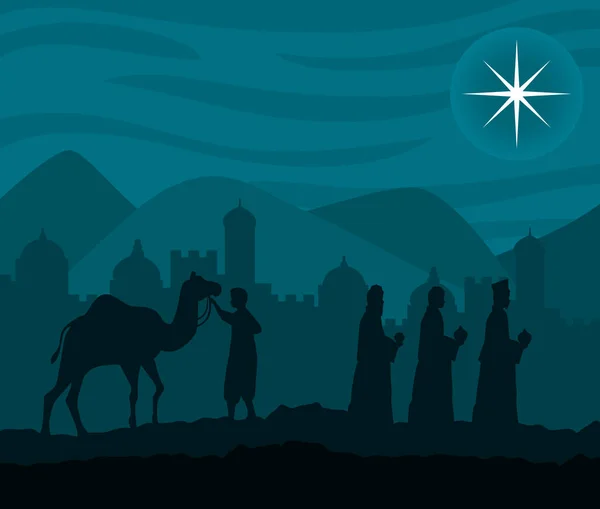 Merry christmas nativity three wise men and camel vector design — Stock Vector