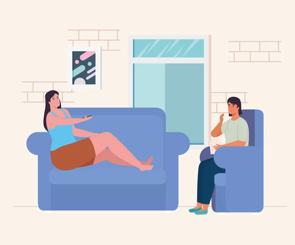 Kvinnor på soffa och stol hemma vektor design — Stock vektor