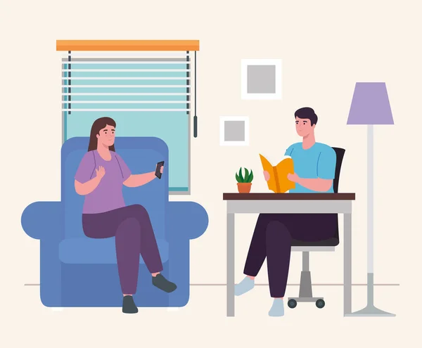 Vrouw en man op stoel en bureau thuis vector ontwerp — Stockvector