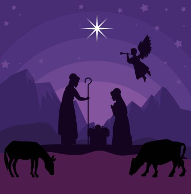 merry christmas nativity mary joseph baby and cows vector design clipart