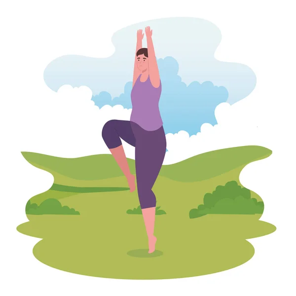 Mujer haciendo yoga en el diseño del vector del parque — Vector de stock