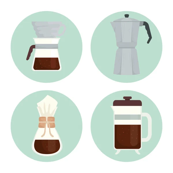 Metody vaření kávy nastavit ikony v kulatých rámečcích — Stockový vektor
