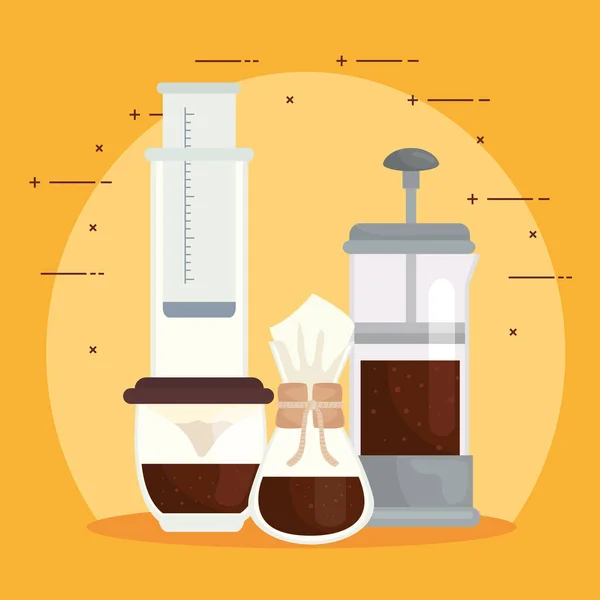 Coffee brewing methods set icons on yellow background — Stock Vector