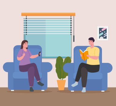 Kadın ve erkek sandalyeler üzerinde ev vektör tasarımı