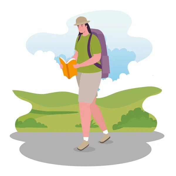 Femme marche avec sac et livre vectoriel design — Image vectorielle