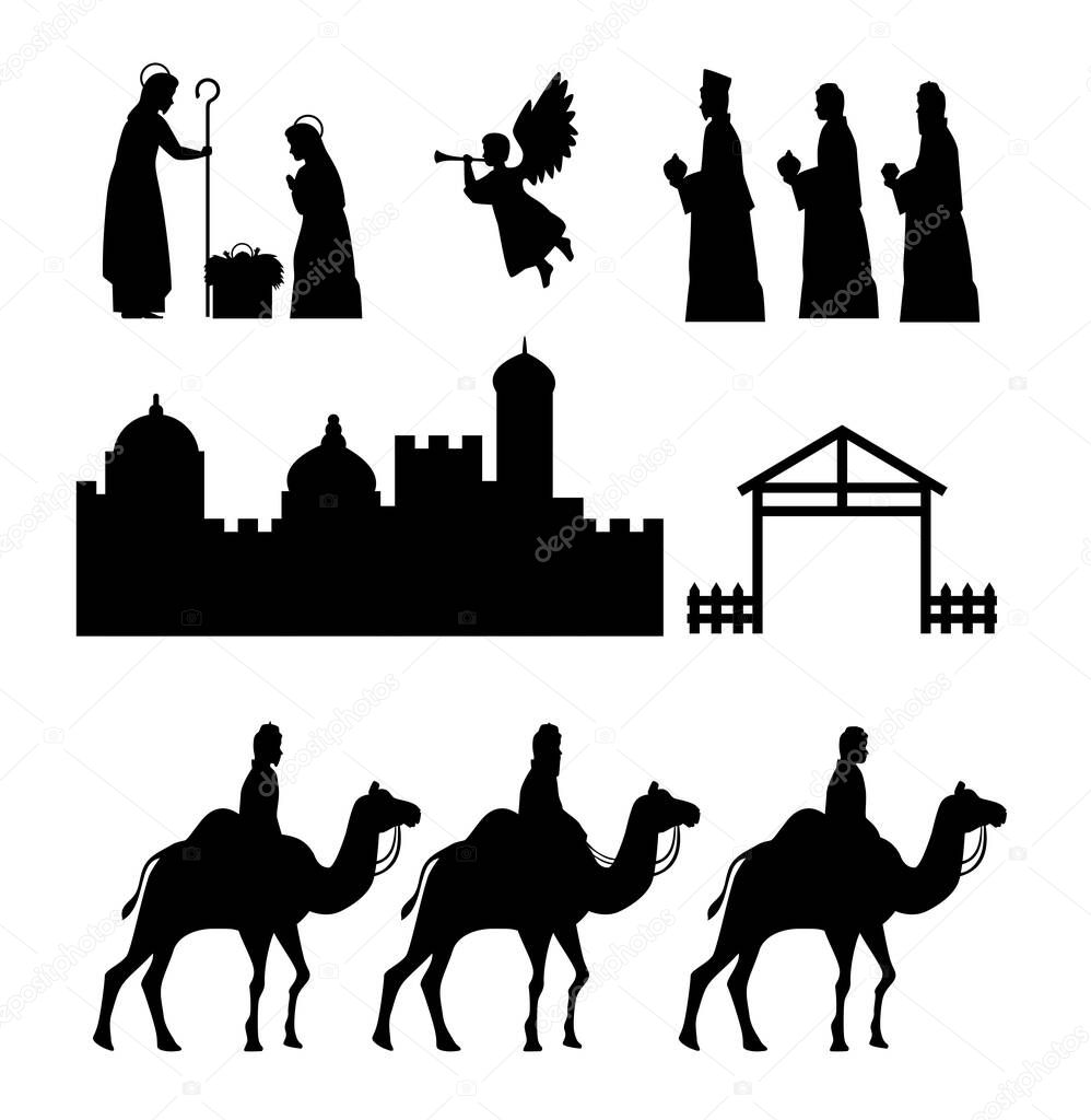 merry christmas and nativity icon set silhouettes vector design