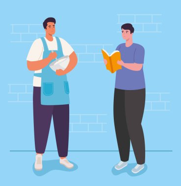 Erkekler yemek pişiriyor ve vektör tasarımı okuyor