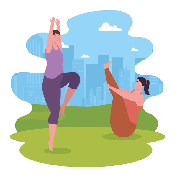 Mujer y hombre haciendo yoga en el diseño del vector del parque — Vector de stock