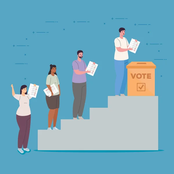 Cartoni animati uomini e donne con casella di voto su scale disegno vettoriale — Vettoriale Stock