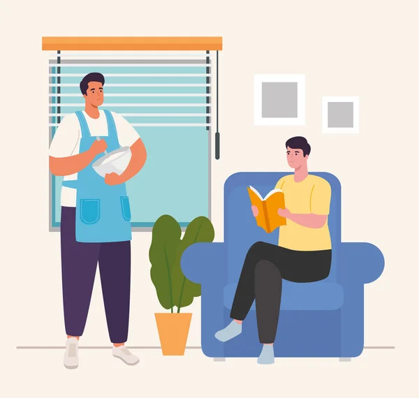 Hommes cuisine et lecture à la maison design vectoriel — Image vectorielle