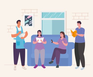 İnsanlar evdeki vektör tasarımında koltukta etkinlik yapıyorlar