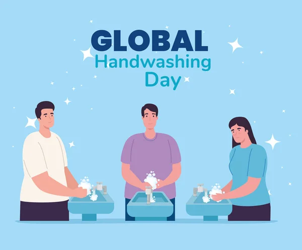 Globális kézmosás nap férfiak és nők kézmosás víz csapvíz vektor design — Stock Vector