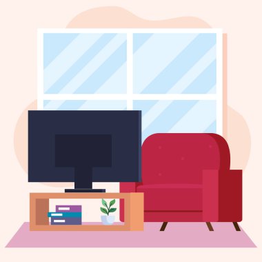 TV ve pencere vektör tasarımlı ev koltuğu