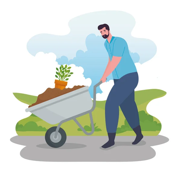 Gardening man with wheelbarrow and plant vector design — Stock Vector