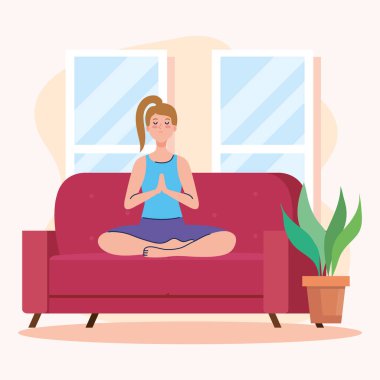 Kadın ev vektör tasarımında kanepede yoga yapıyor.