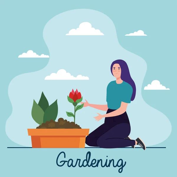 Jardinage femme avec fleur de rose dans la conception vectorielle pot — Image vectorielle