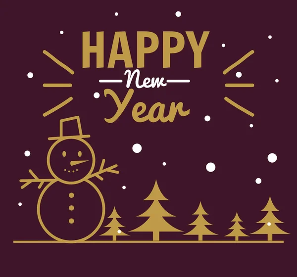 Feliz ano novo 2021 com boneco de neve e pinheiros vetor design —  Vetores de Stock