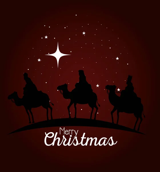 Merry christmas and nativity three wise men on red background vector design — Stock Vector