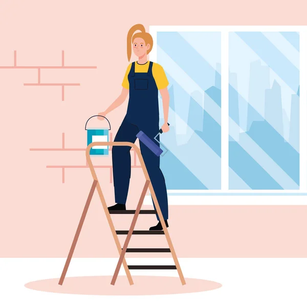 Mulher desenho animado pintura com balde na escada de design vetorial — Vetor de Stock