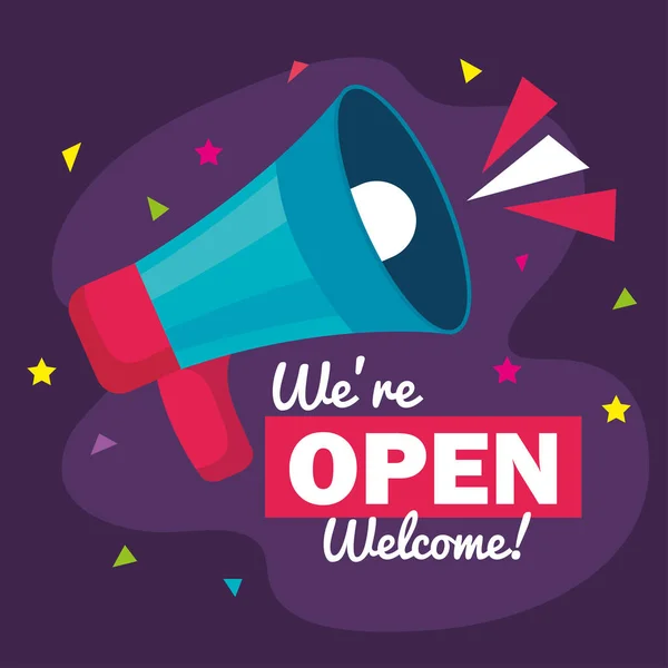 Banner, lettering we are open welcome with megaphone — Stock Vector