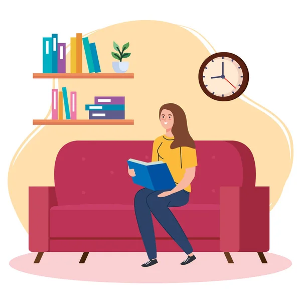 Γυναίκα διαβάζει ένα βιβλίο στο σπίτι διανυσματικό σχεδιασμό — Διανυσματικό Αρχείο