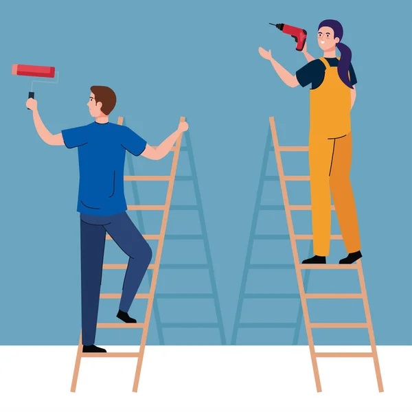 Uomo e donna con trapano da costruzione e rullo di vernice su scale progettazione vettoriale — Vettoriale Stock