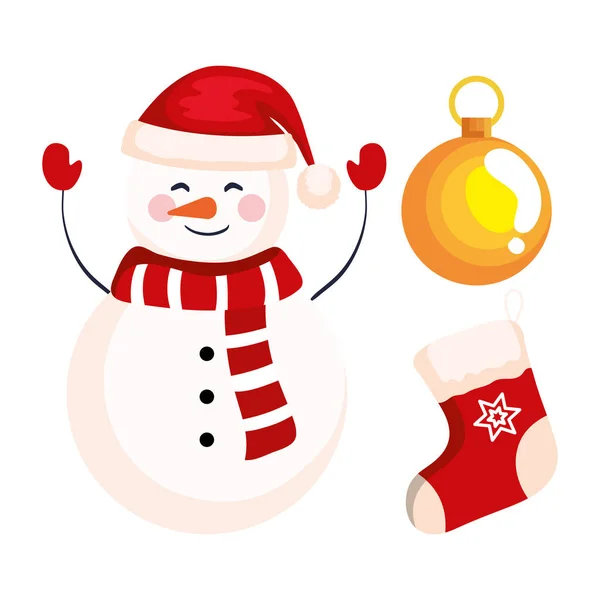Рождественский снеговик с носками и бальными украшениями, знаменем Нового года и весёлым рождественским праздником — стоковый вектор