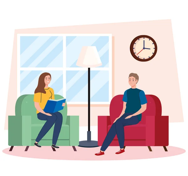 Donna e uomo che leggono un libro a casa progettazione vettoriale — Vettoriale Stock
