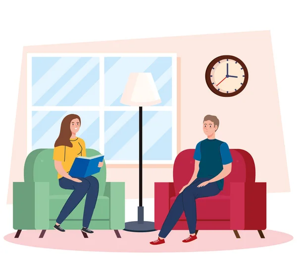 Mujer y hombre leyendo un libro en el diseño de vectores caseros — Vector de stock