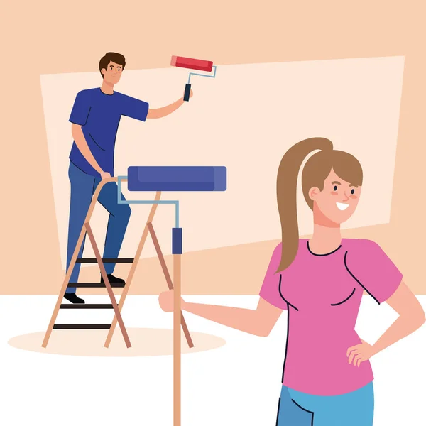 Mulher e homem desenhos animados pintura com rolo e escada design vetorial —  Vetores de Stock