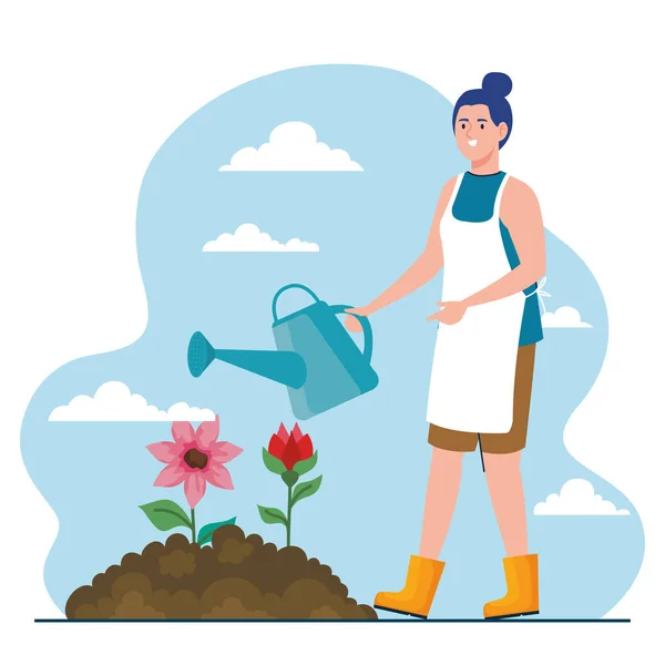 Κηπουρική γυναίκα με πότισμα μπορεί και λουλούδια διάνυσμα σχεδιασμό — Διανυσματικό Αρχείο