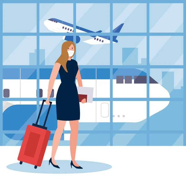 Nueva normal de la mujer con la máscara y el bolso en el aeropuerto de diseño de vectores — Vector de stock