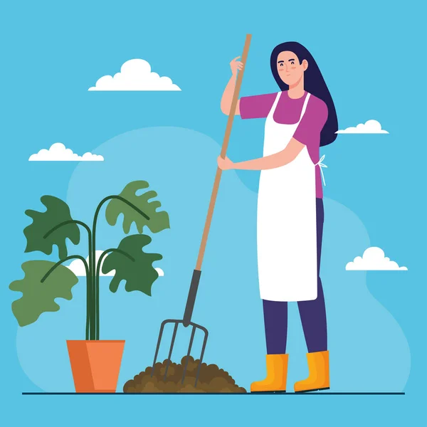 Trädgårdskvinna med kratta och planta inuti potten vektor design — Stock vektor