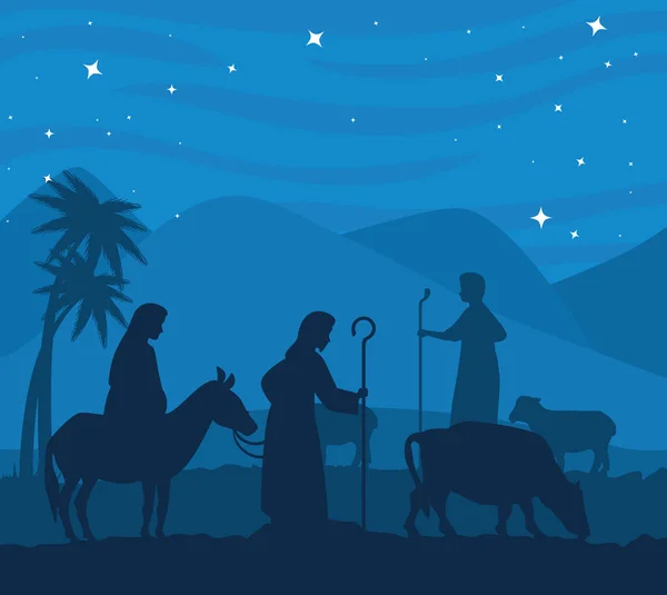 Feliz Navidad Nativity Mary en el diseño de burro Joseph y vector vaca — Archivo Imágenes Vectoriales